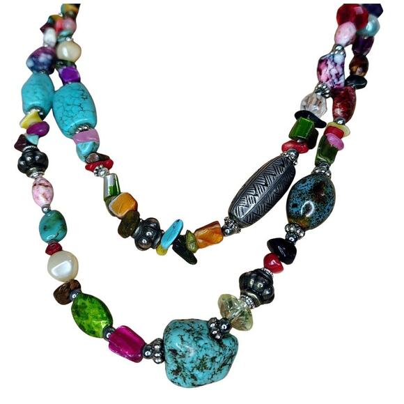 Bohemian Turquoise Rose Quartz Mix Semi-Precious Stones Double Strand Necklace - Picture 3 of 8